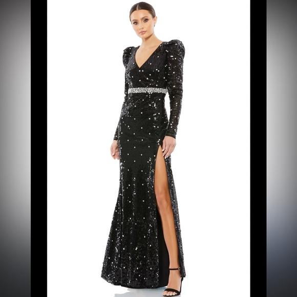Mac Duggal Black Sequin Long Sleeve Gown